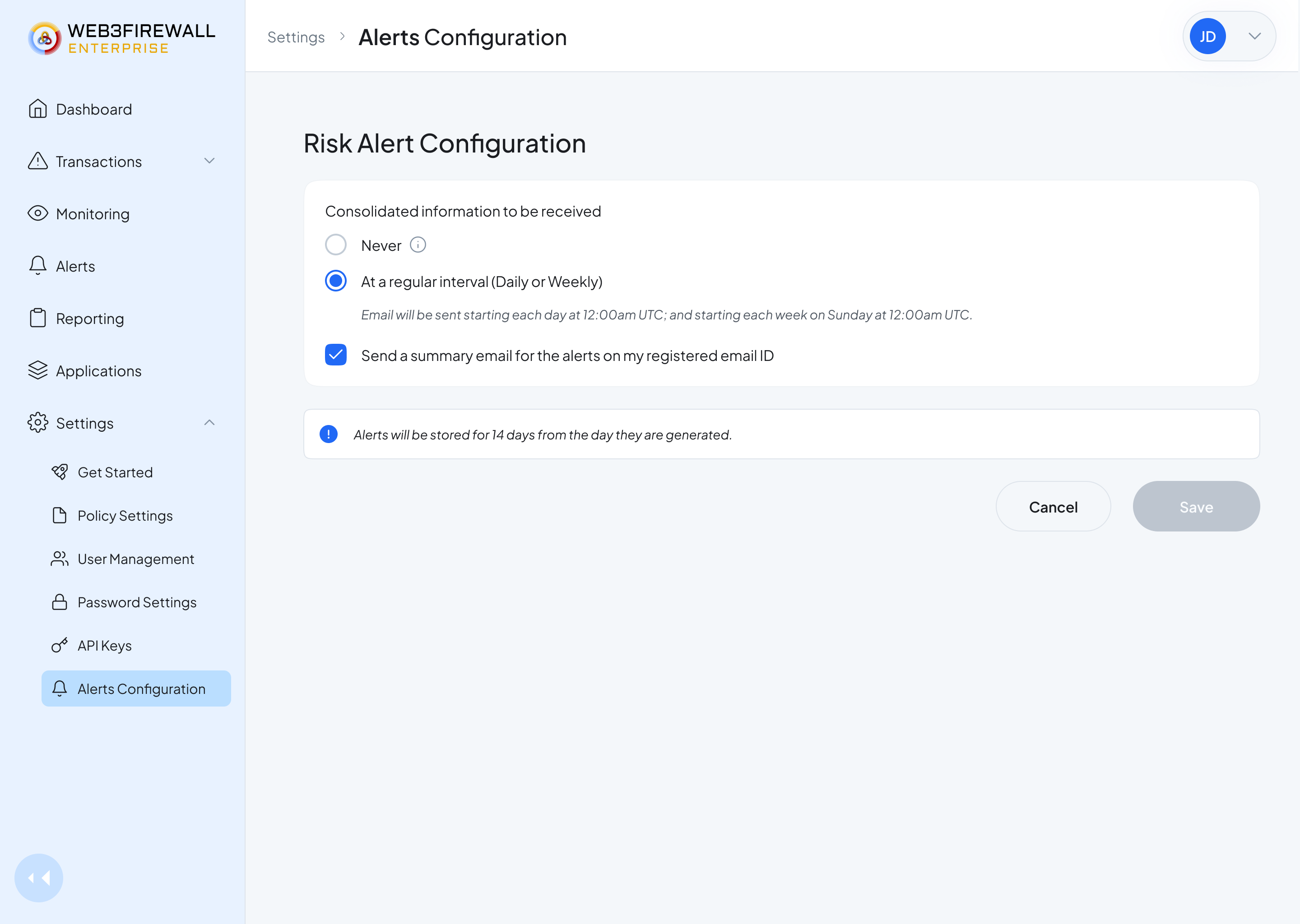Risk Alert configuration interval