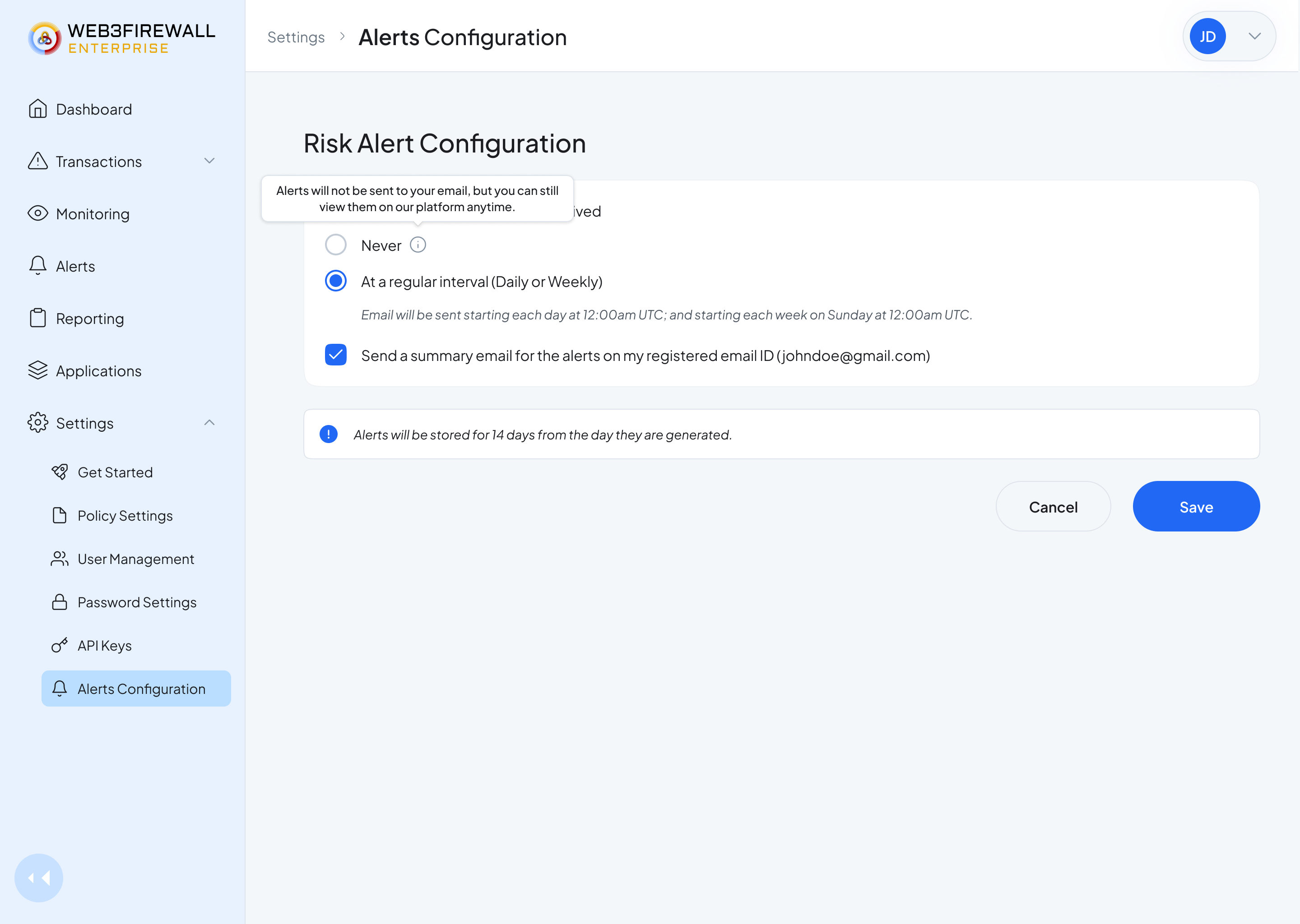 Risk Alert configuration tooltip