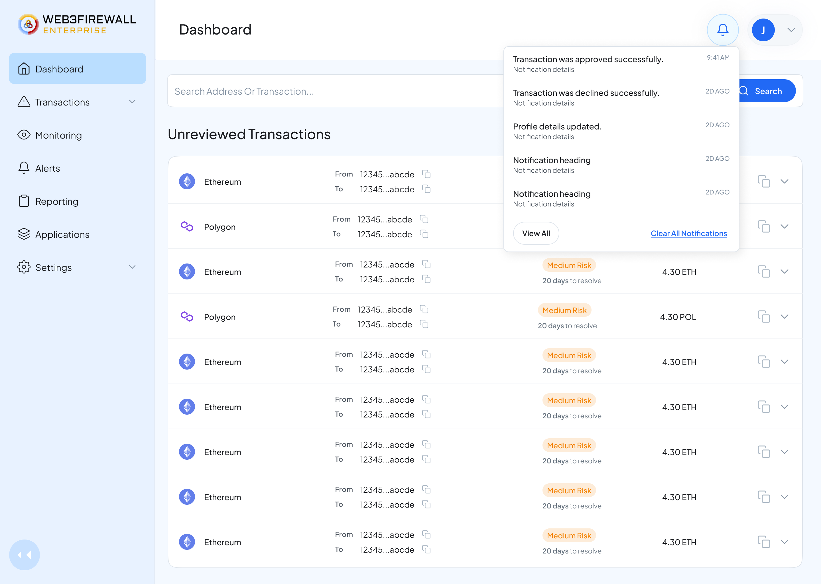 Dashboard notification dropdown