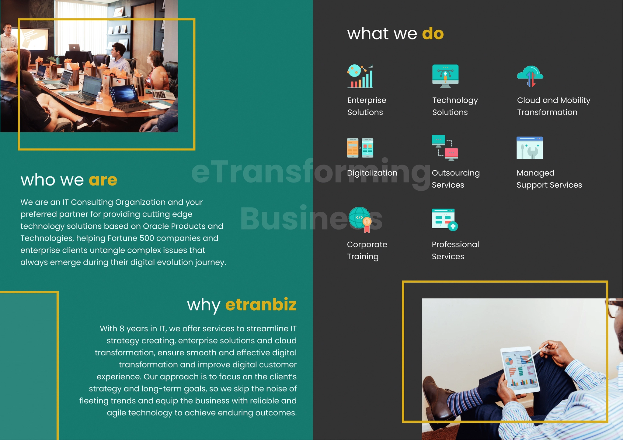 eTranbiz sales brochure content spread, what we do and who we are sections