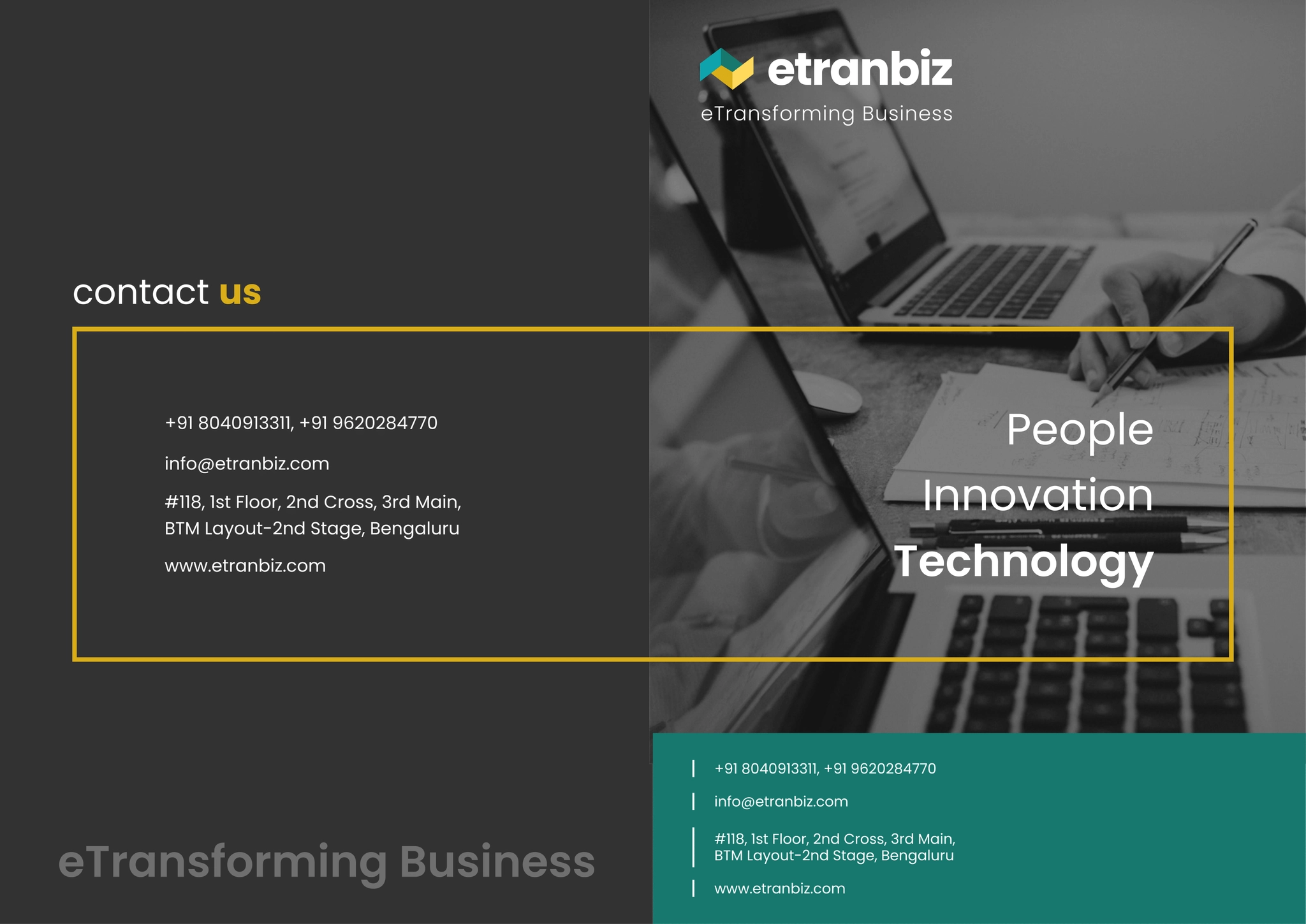 eTranbiz sales brochure, cover and content spread built from the new brand system
