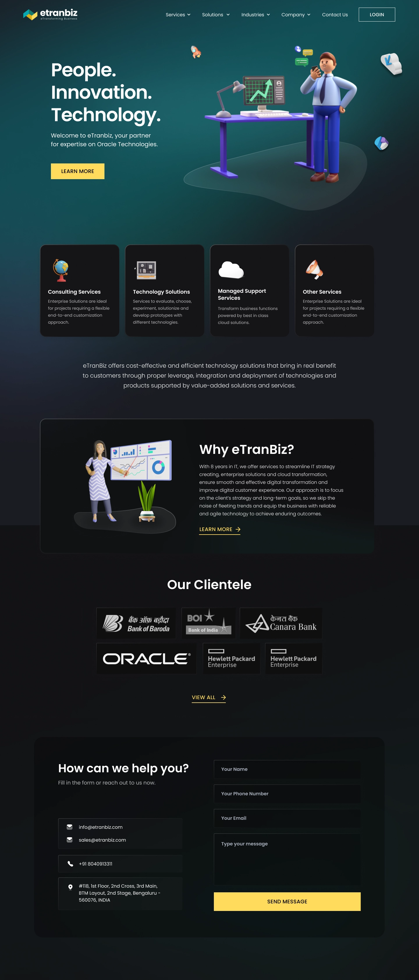 eTranbiz website homepage, dark hero built on the new brand