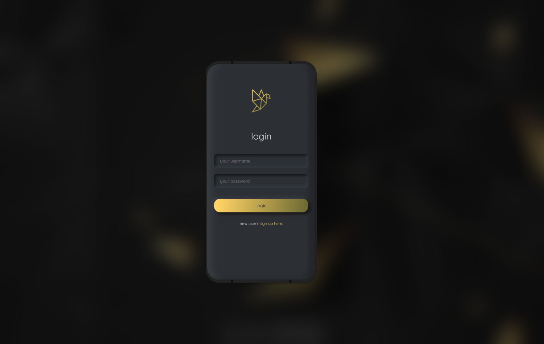 Koel app login screen with origami bird logo