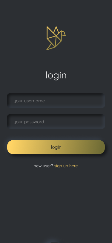 Koel login screen, dark neomorphic UI, gold accents