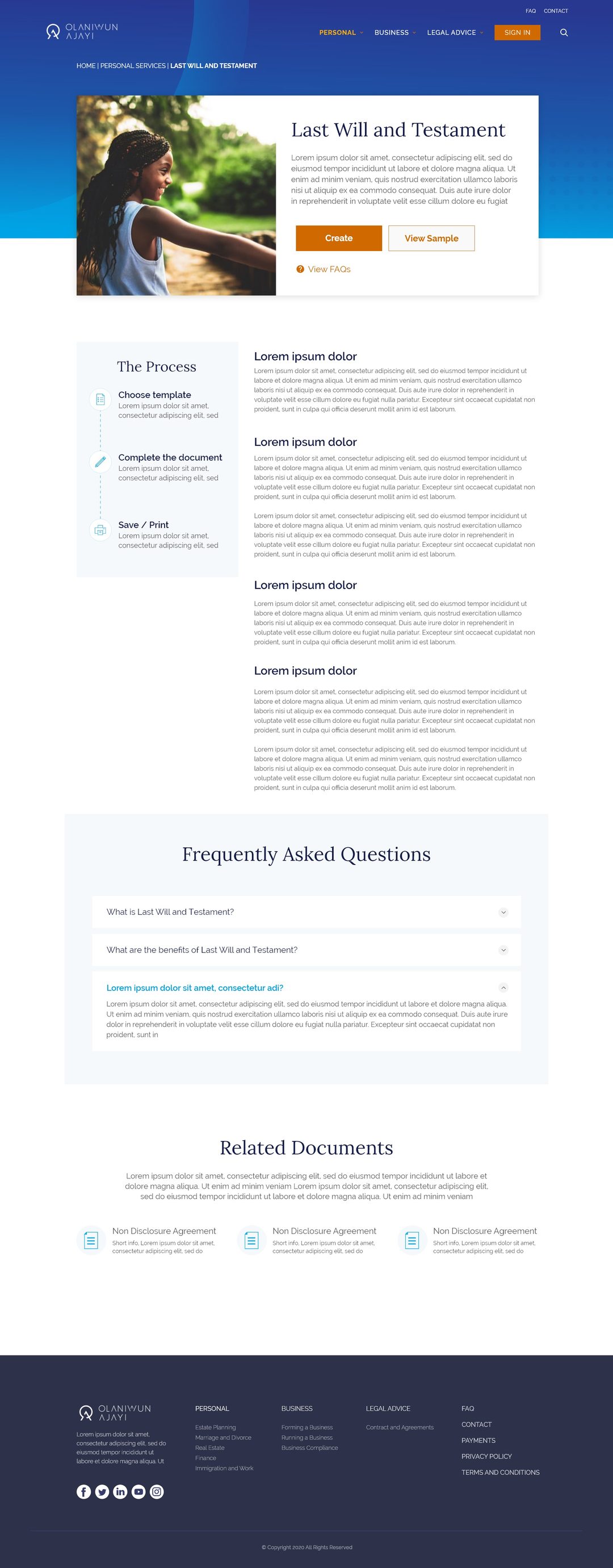 Last Will and Testament product page: buyer-first summary, price and Create/View Sample at the top, then Process, FAQs, and Related Documents disclosed below