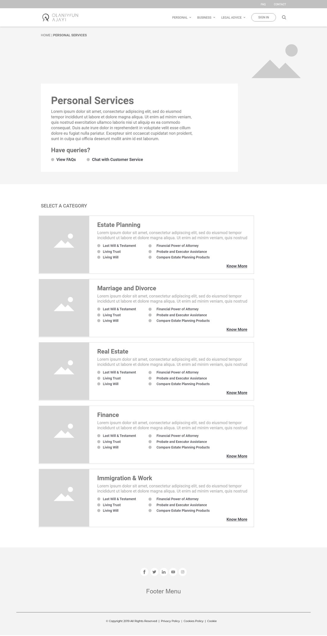 Grayscale wireframe of the Personal Services category page with placeholder imagery and lorem ipsum copy