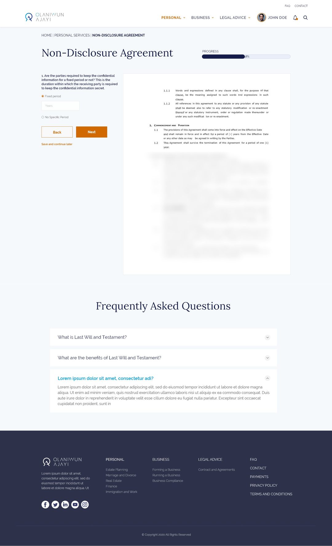 Non-Disclosure Agreement flow with a multi-step progress bar, a live document preview, Back/Next, and an FAQ