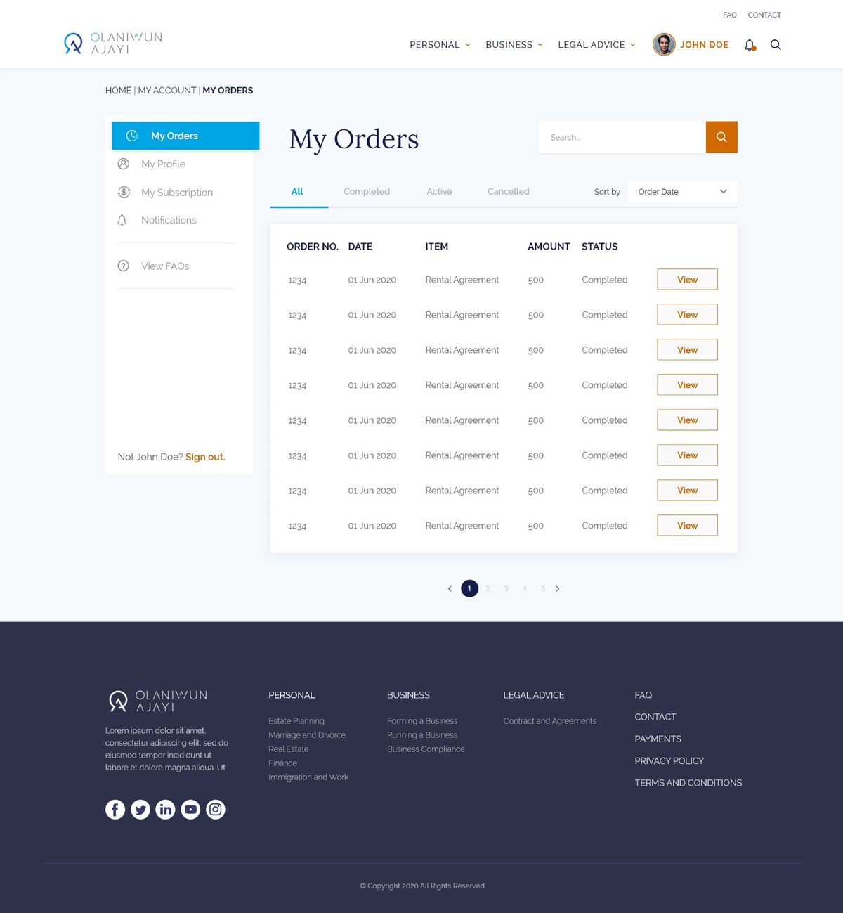 My Orders client dashboard: a sortable table of orders with date, item, amount, status, and View