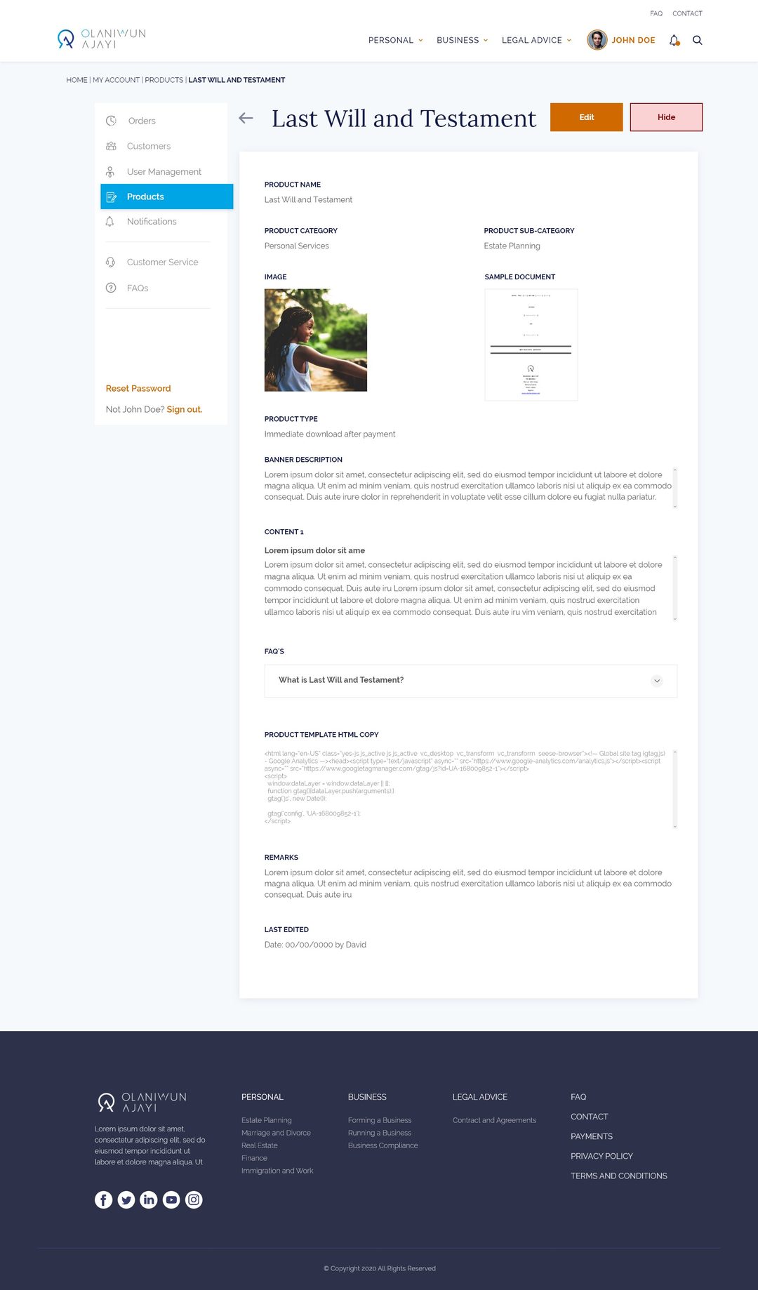Admin product editor for Last Will with Edit/Hide controls, metadata, sample document, content, FAQs, and a template field