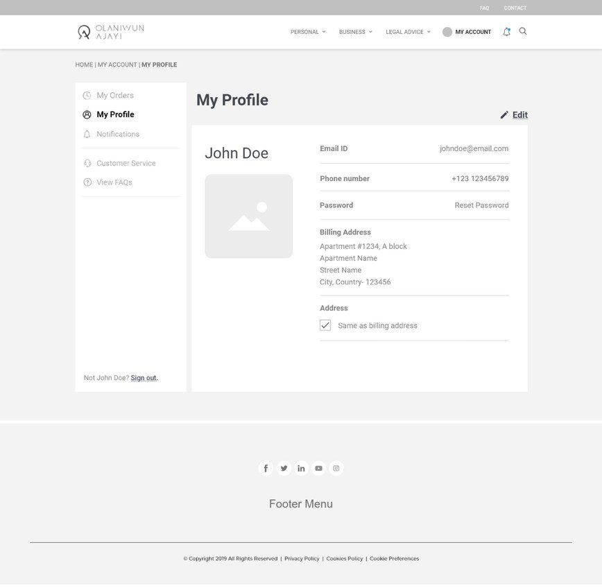 Client My Profile screen showing personal and billing details in the shared dashboard shell