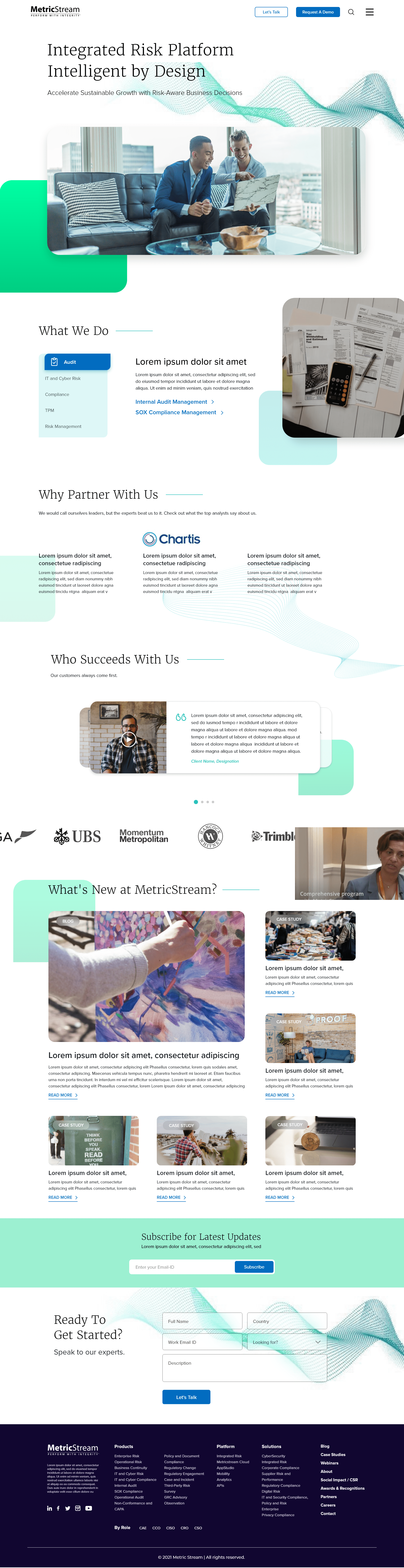 MetricStream homepage, deep navy hero with wave graphics, built to the new brand system
