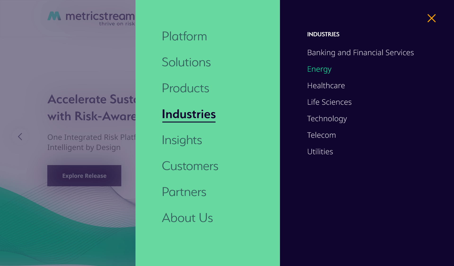 Expanded mega-menu, industries listed alongside platform, solutions, and products