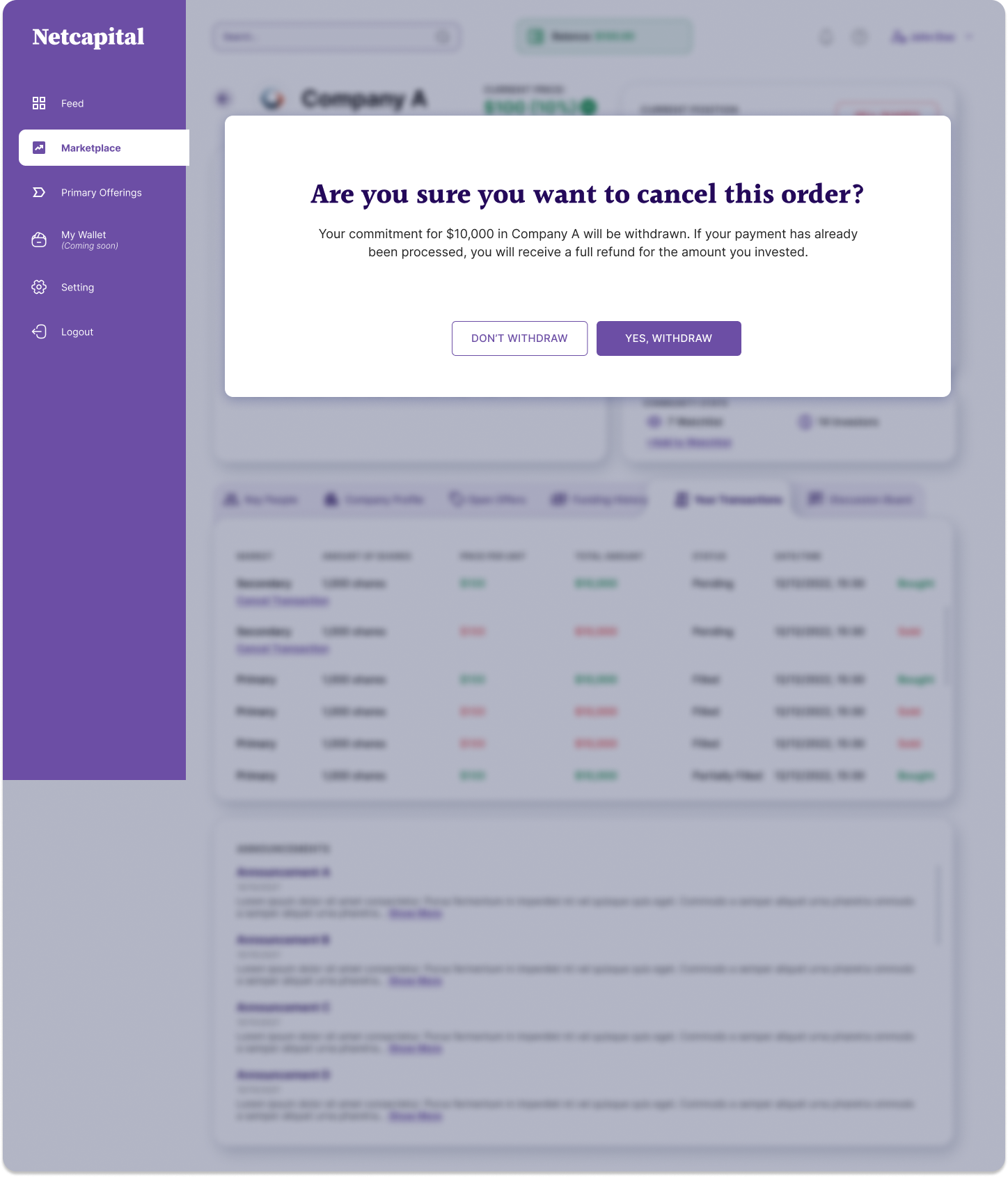 Cancel order confirmation modal