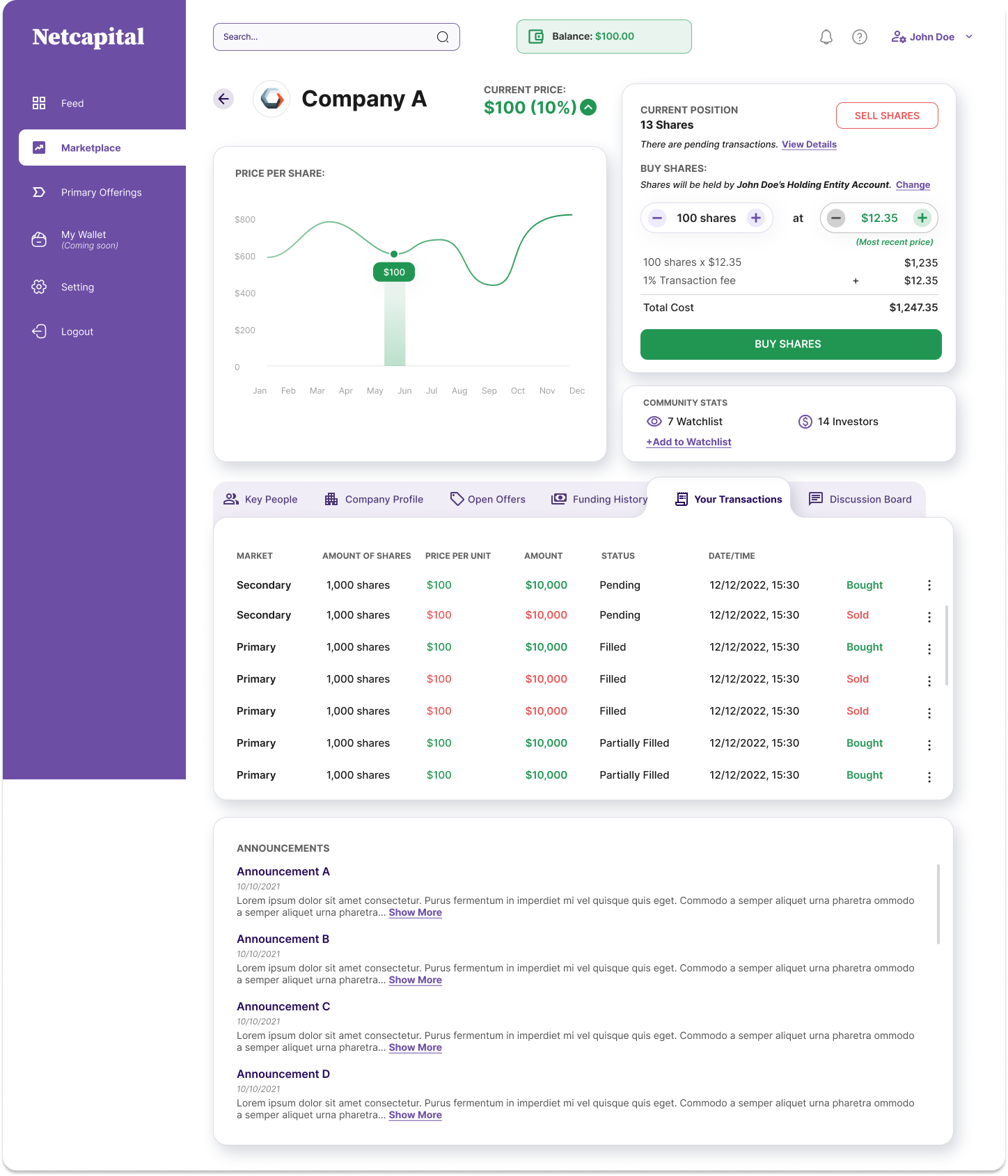 Your transactions list, deal page