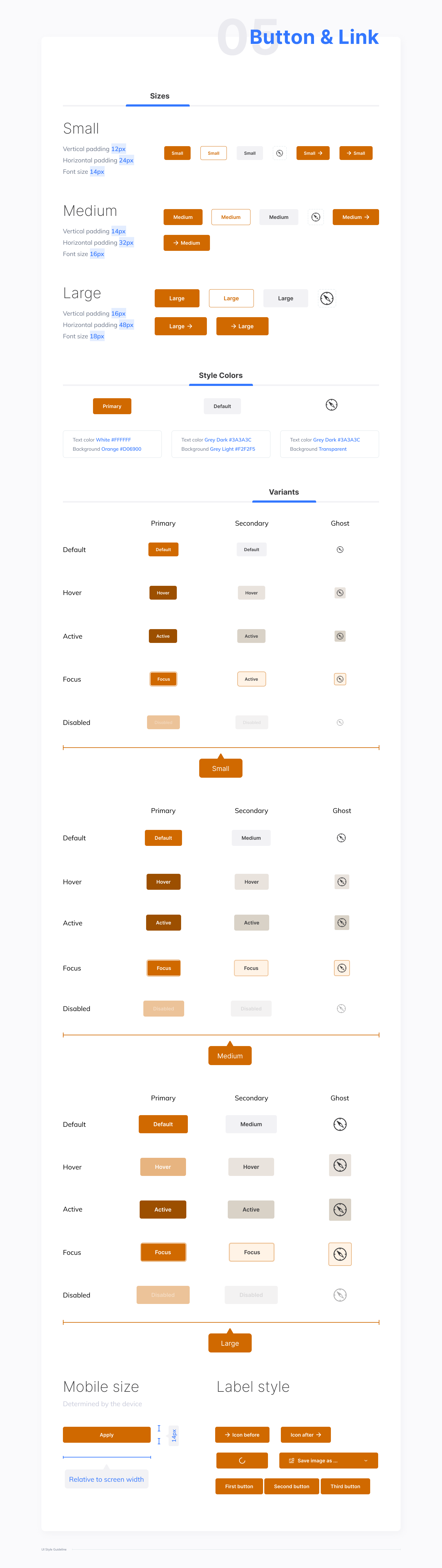 Netcapital button and link guideline: small, medium, and large sizes, primary/secondary/ghost styles, and every interaction state