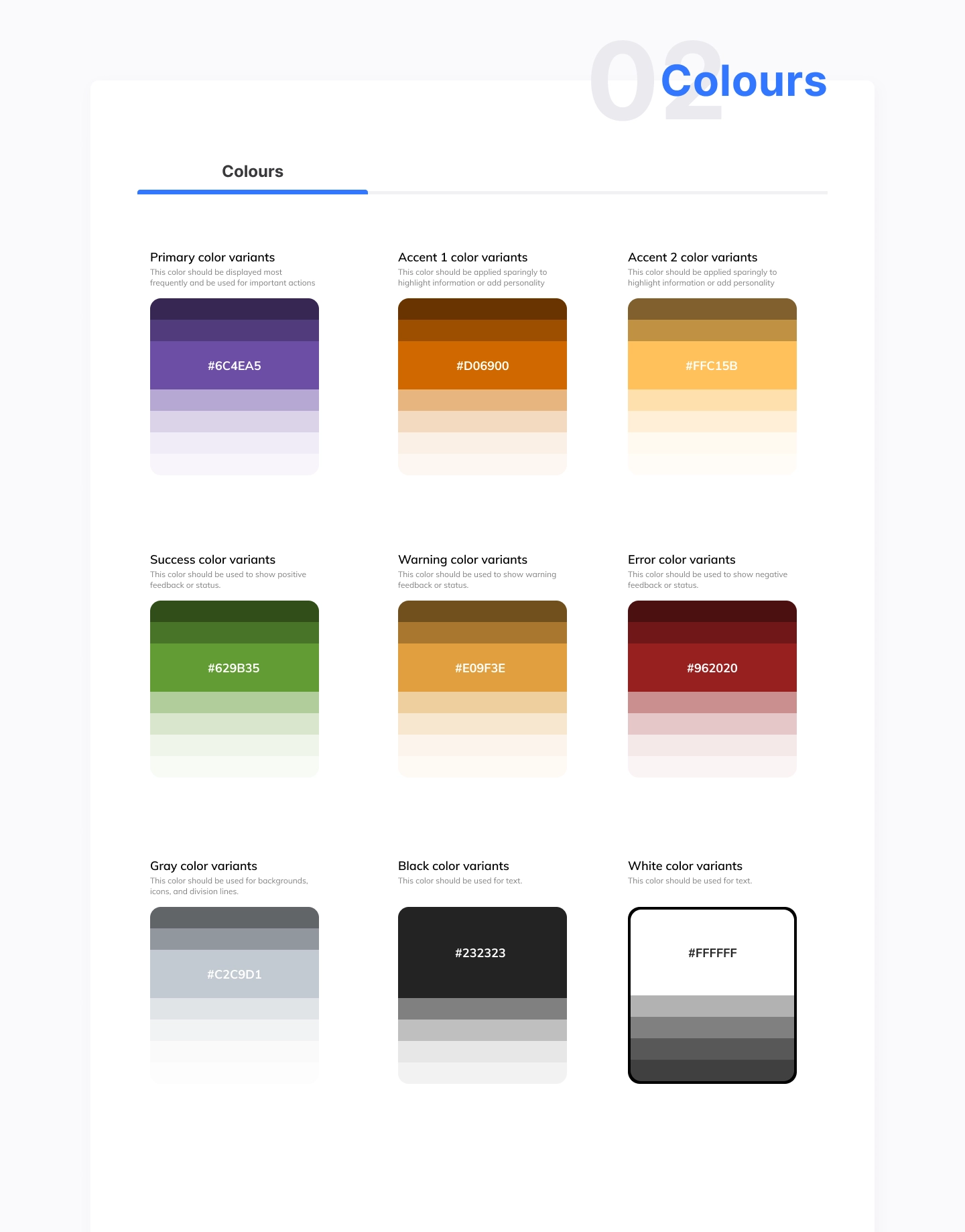 Netcapital color guideline: primary purple, accent orange and gold, success, warning, error, and gray/black/white variants
