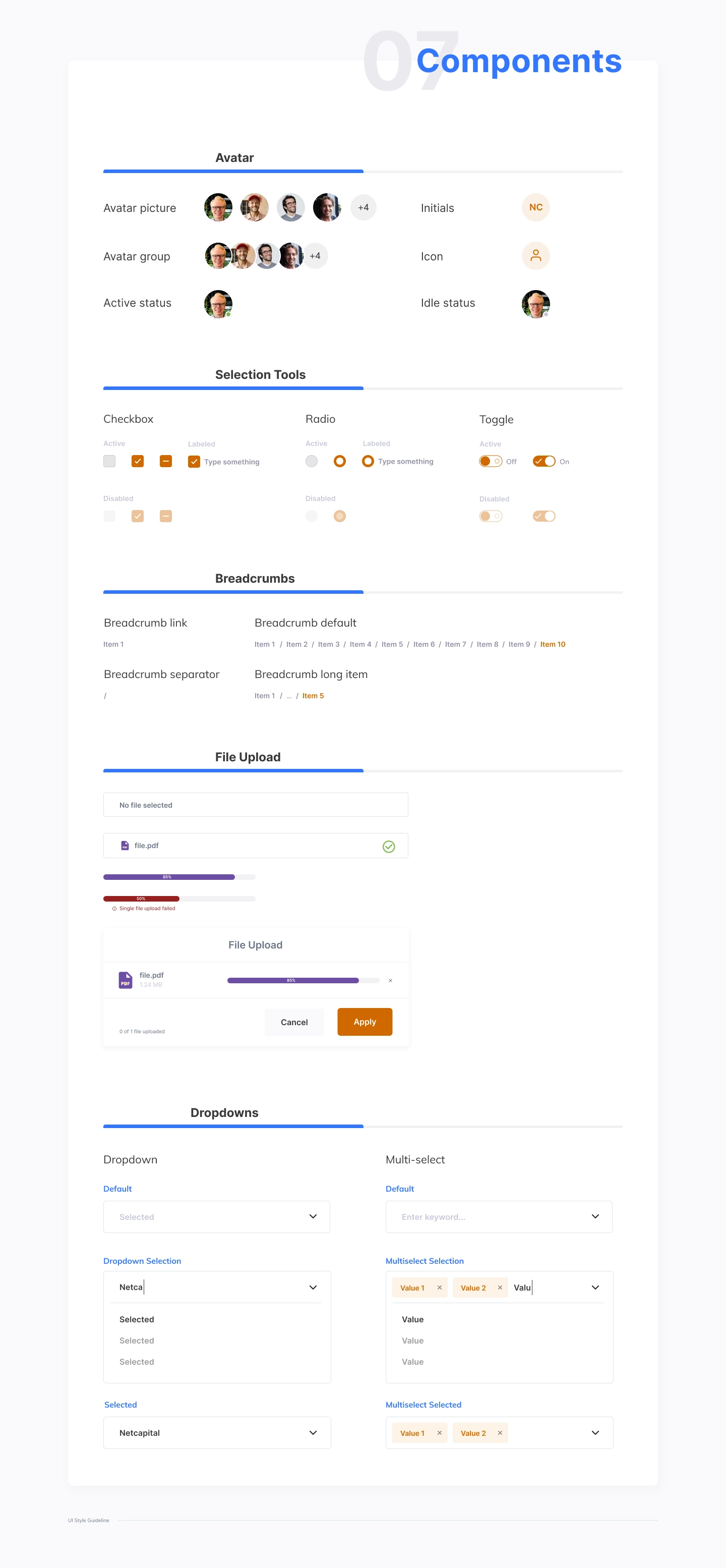 Netcapital component guideline: avatars, checkboxes, radios, toggles, breadcrumbs, file upload, and dropdowns