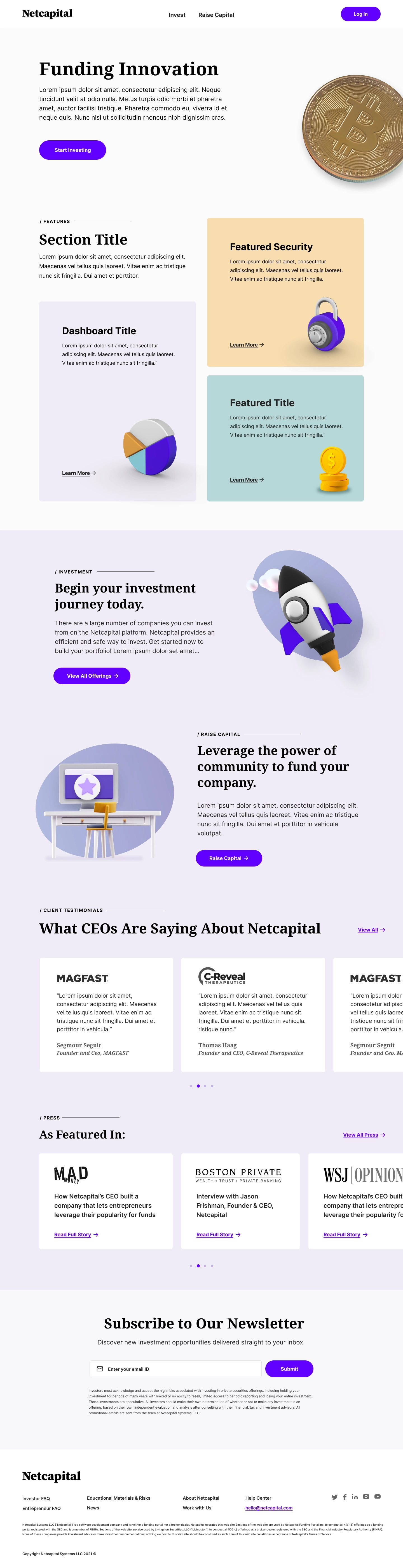 Netcapital's existing brand homepage, purple primary, orange accent, illustrated sections
