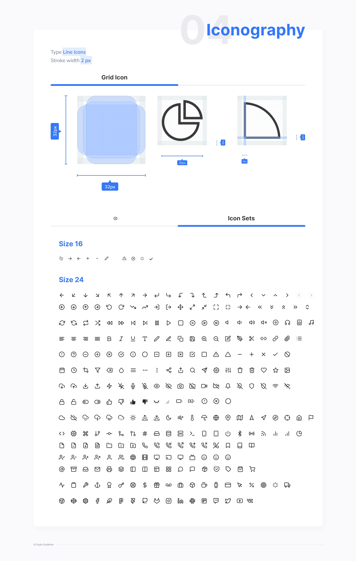 Netcapital iconography guideline: 32px line icon grid at 2px stroke, and the full icon set at size 16 and 24