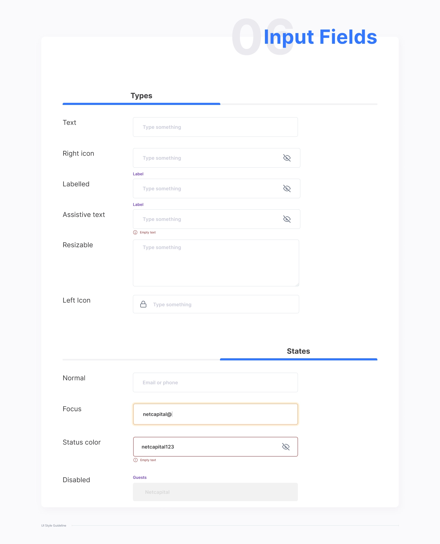 Netcapital input field guideline: text, icon, labelled, resizable, and every state, normal, focus, error, disabled
