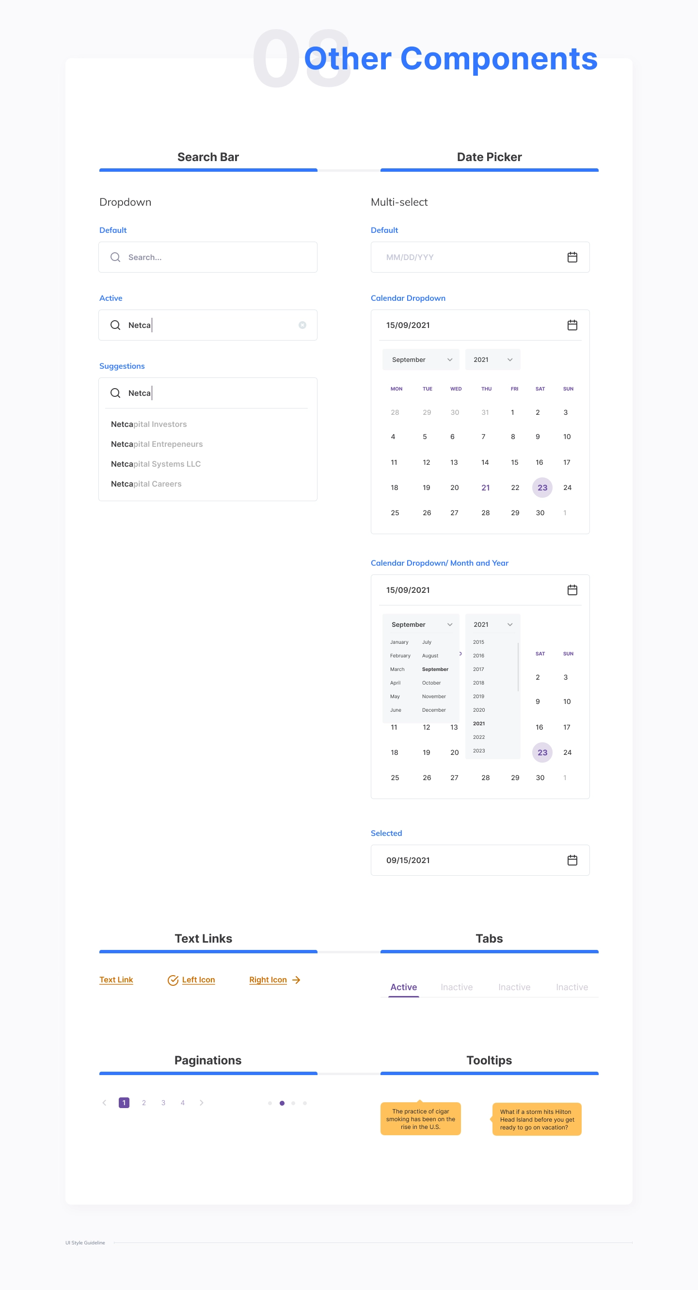 Netcapital other components: search bar, date picker, text links, tabs, pagination, and tooltips
