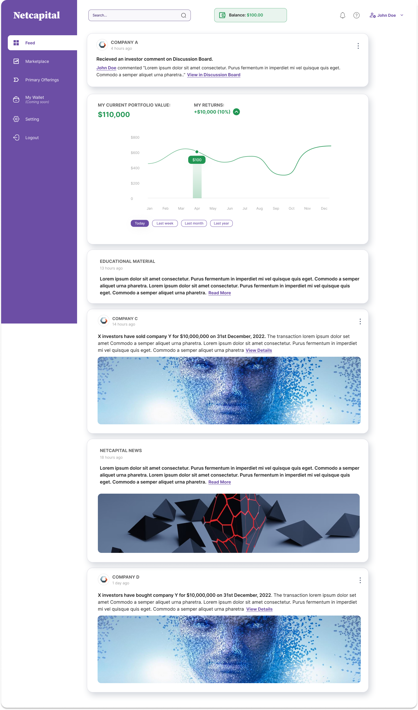Activity feed with a discussion comment, portfolio chart, educational material, and news cards
