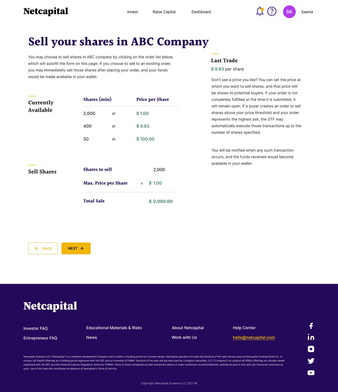 Sell order screen for posting shares for sale at a chosen price