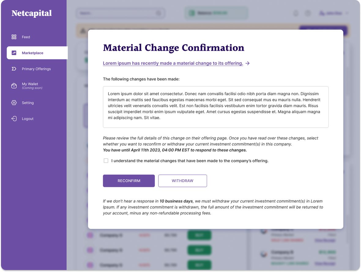 Material Change Confirmation modal with Reconfirm or Withdraw and a response deadline