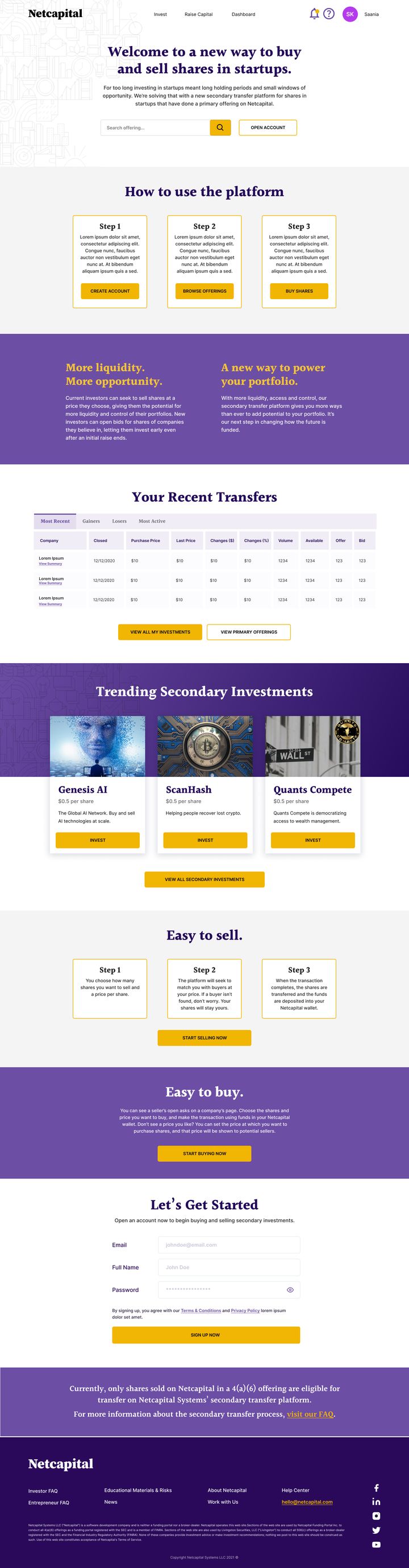 The original Netcapital marketing landing page explaining the secondary transfer concept