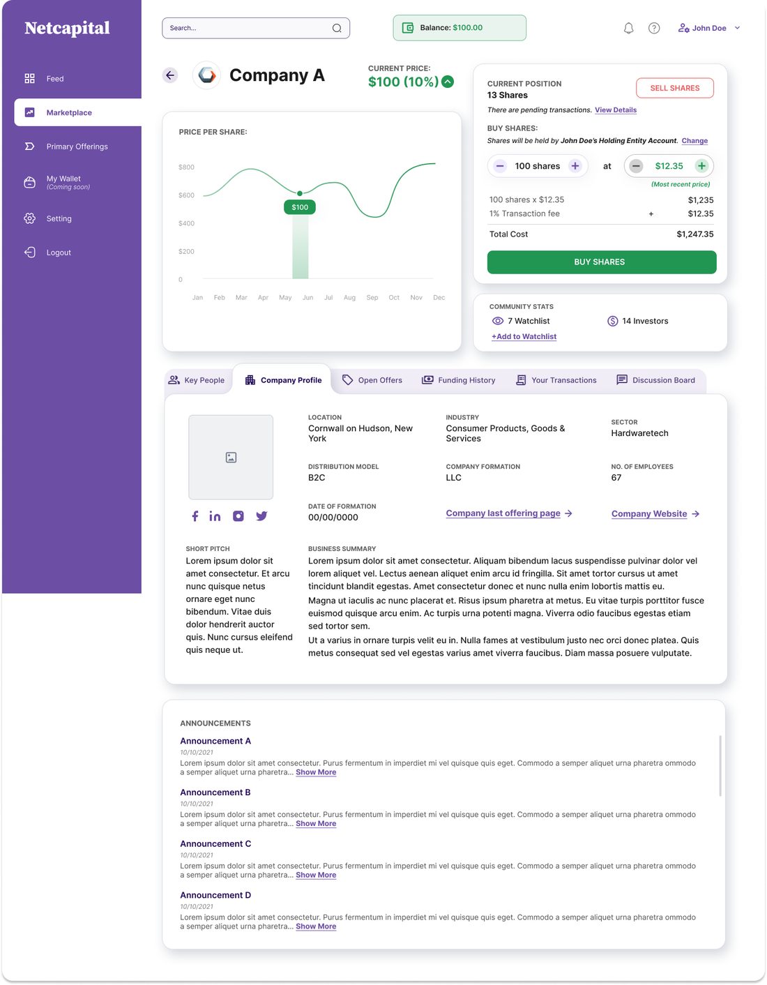 Company deal page with price chart, buy panel showing fee math, and diligence tabs