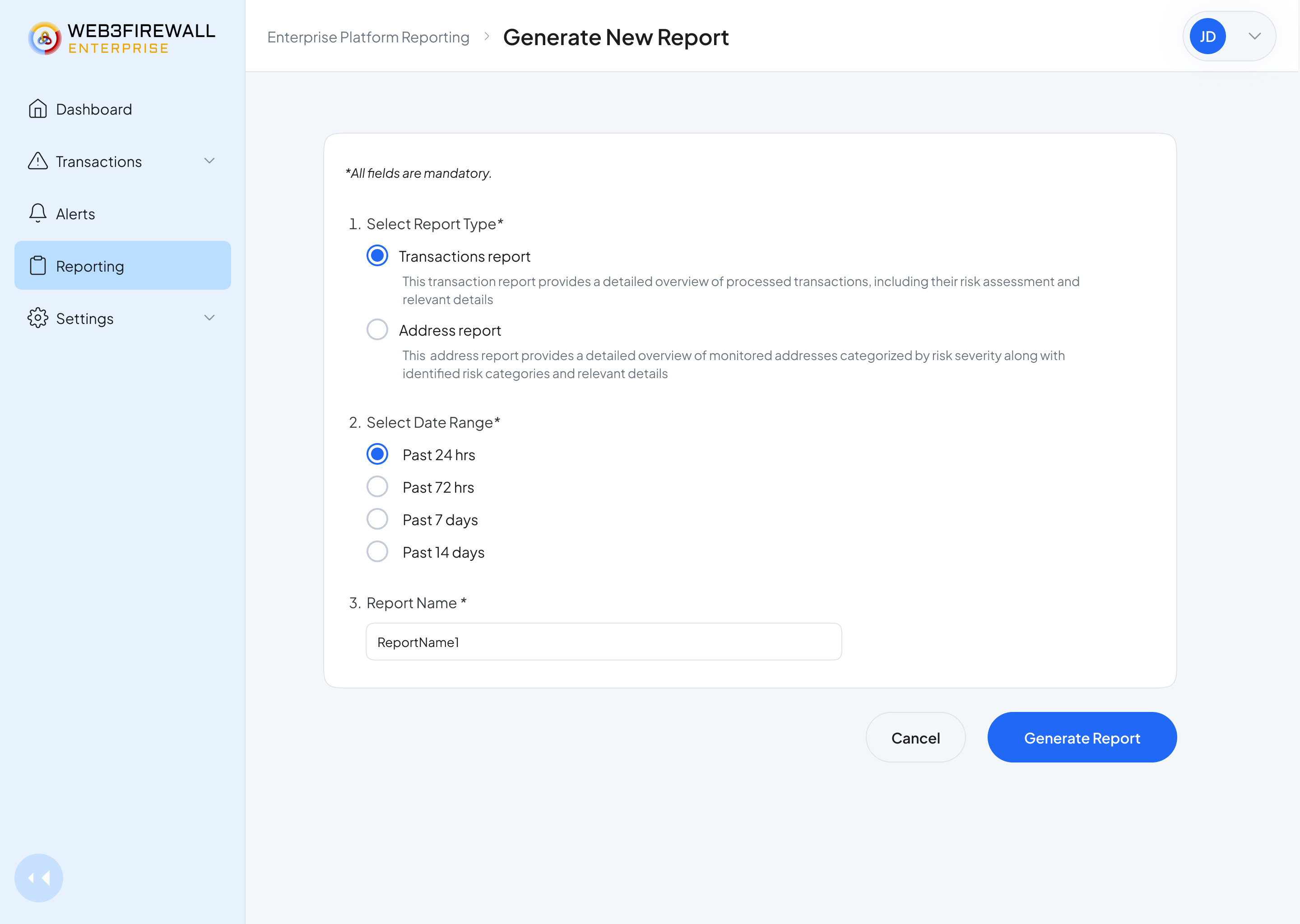 Generate new report form