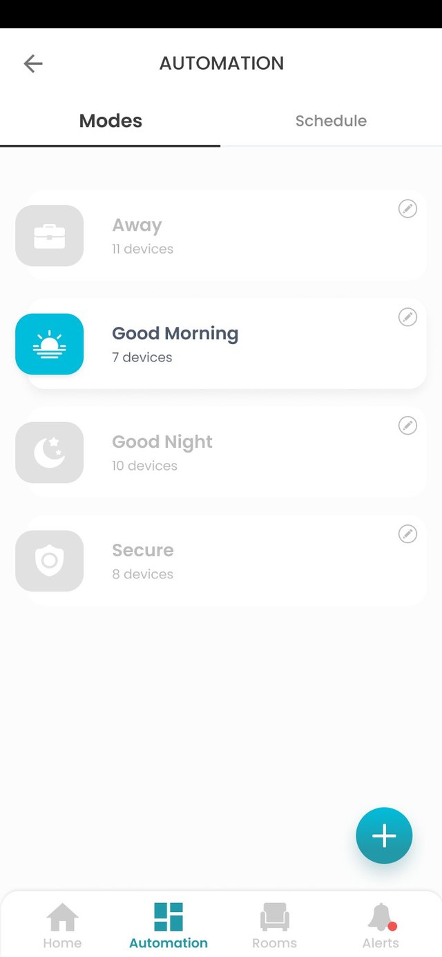 Automation modes screen with Away, Good Morning, Good Night, and Secure scenes