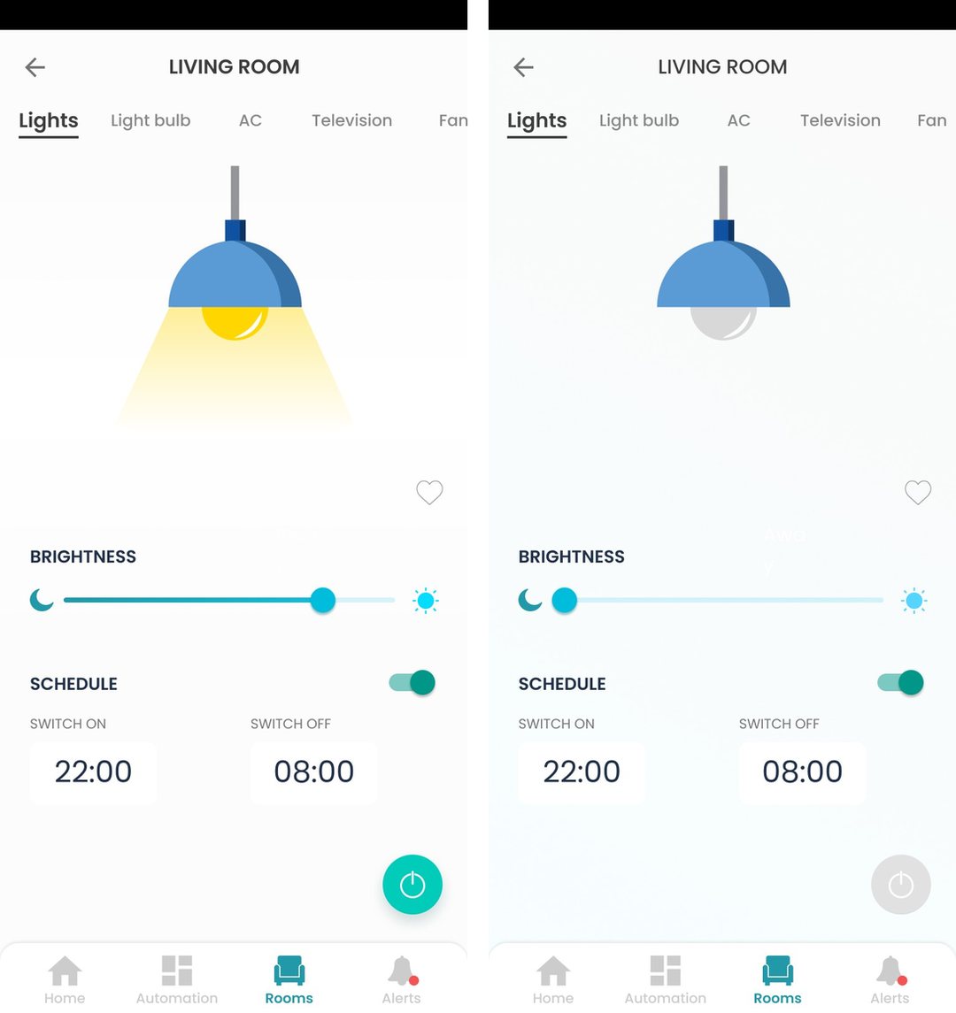 Living Room lights control shown in on and off states