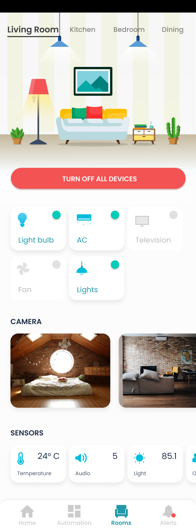 Vitae 22 living room control screen with device toggles, camera feeds, and sensors