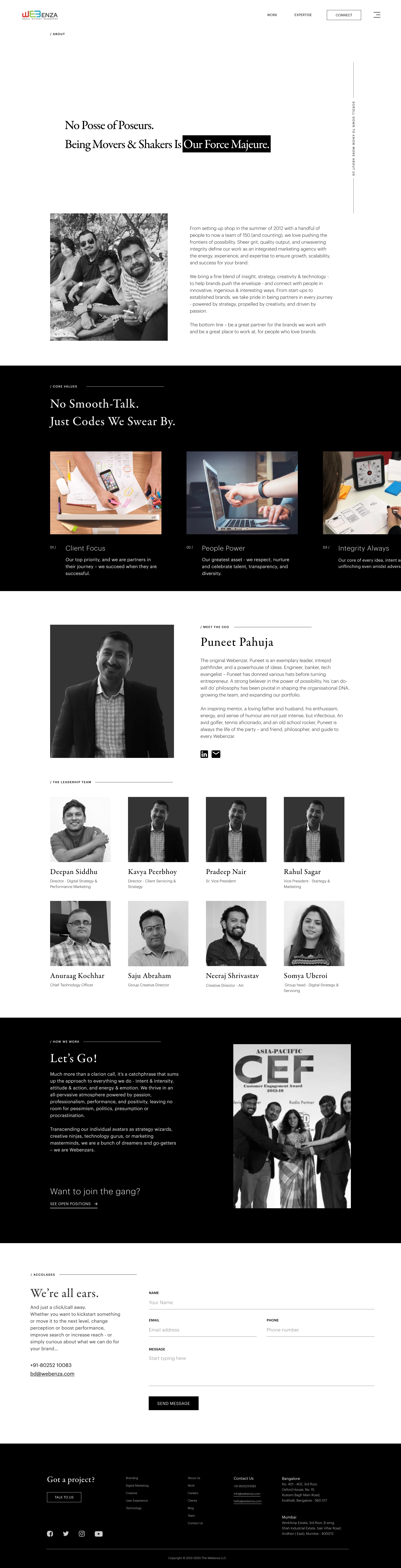 Webenza About Us page, dark and light sections, team photos