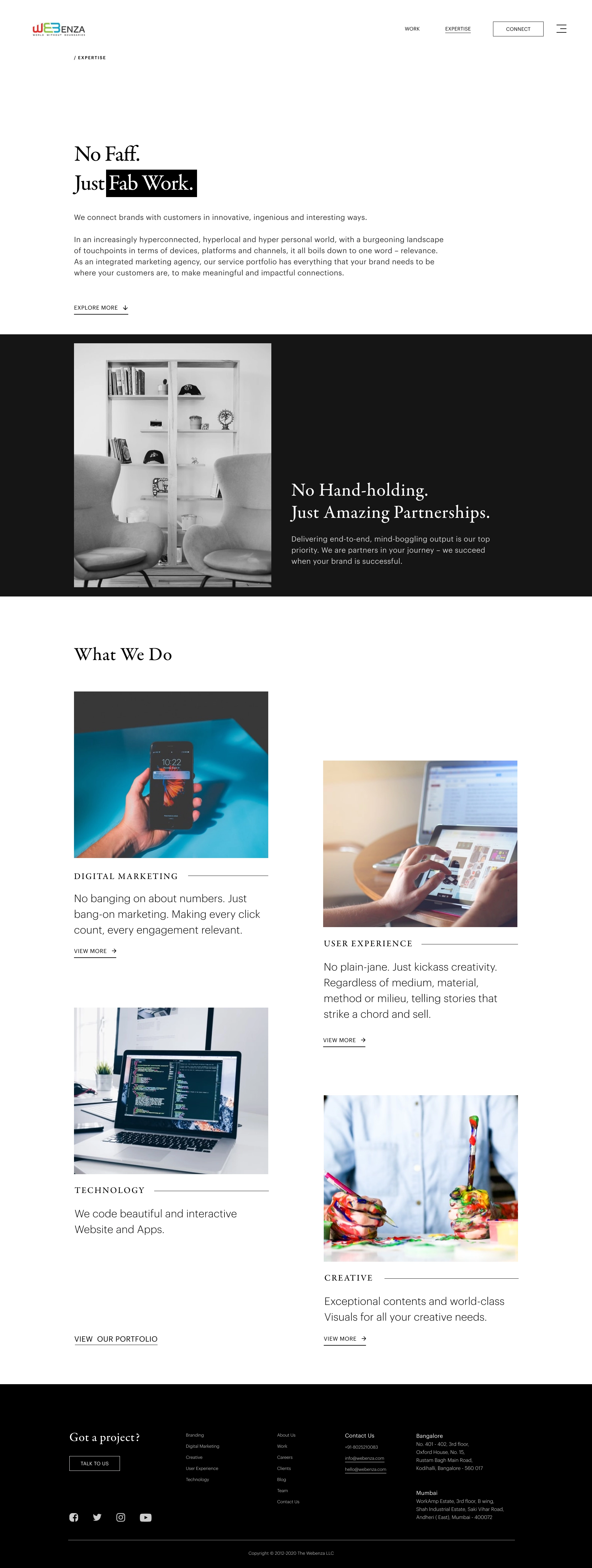 Webenza expertise page, service breakdown and awards strip