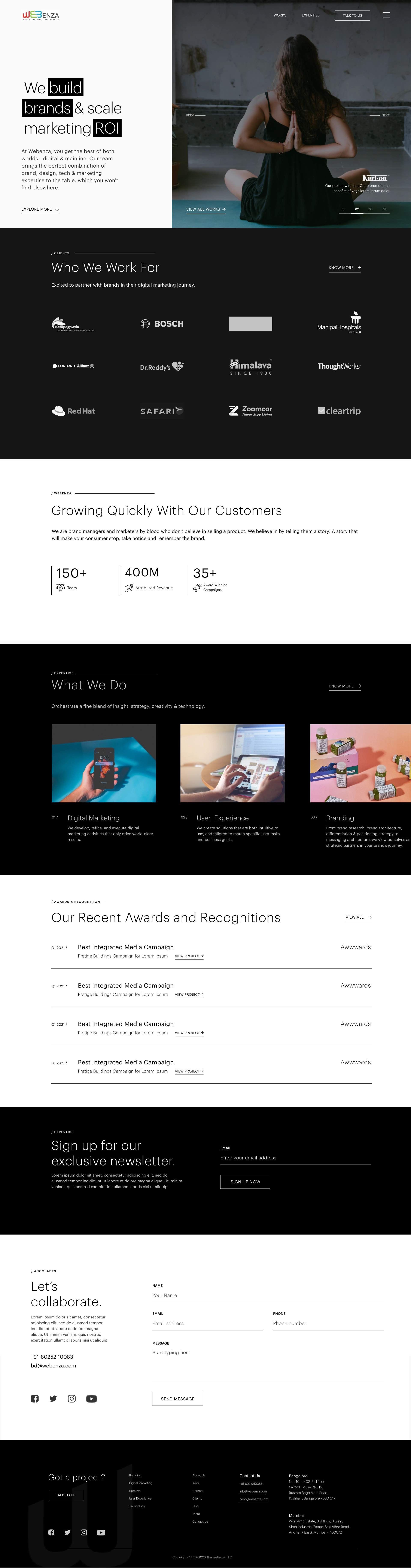 Webenza homepage, bold headline with block-highlight type and client logo wall including Bosch, Dr. Reddy's, ThoughtWorks, Red Hat